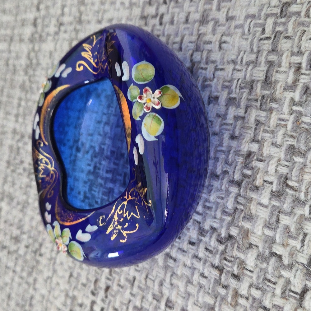 Hand-Painted Floral Cobalt Blue Glass Trinket Dish/Bowl/Ashtray Czech - Picture 4 of 13